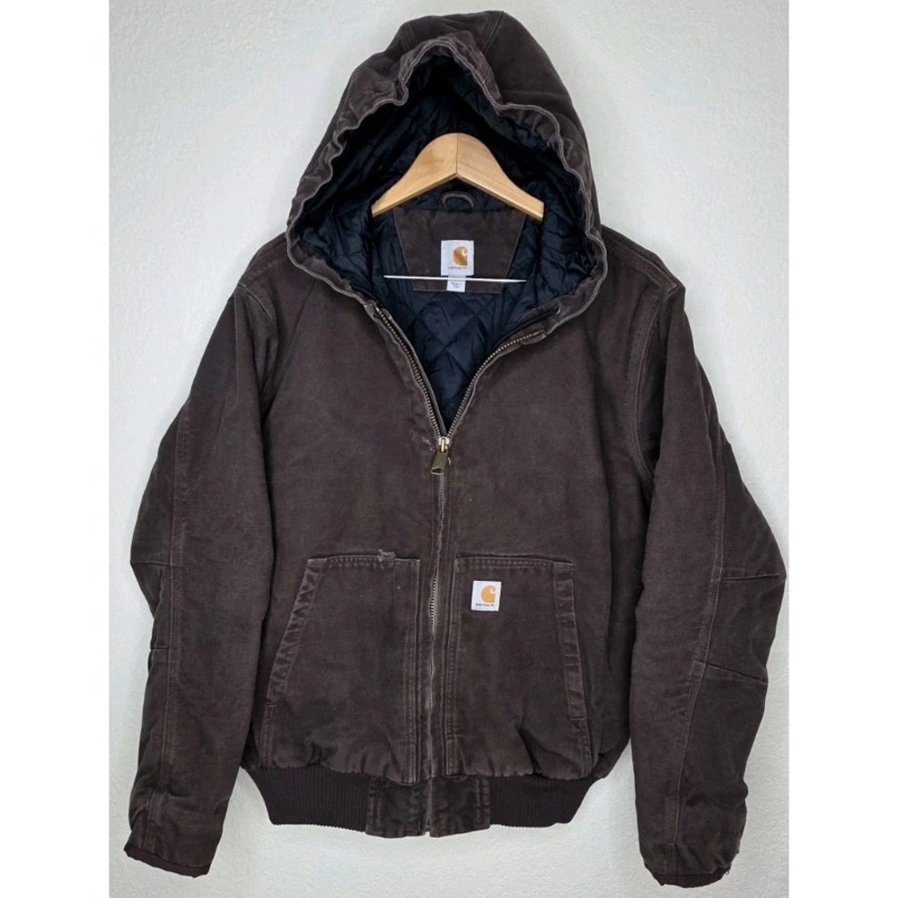 Carhartt Men L Regular Work Coat Hooded Brown Chore Barn Insulated 3M Ranch Y2K